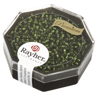 Premium-rocailles, 2,2 mm ø garniture d'argent<br />olive, boîte 12 g