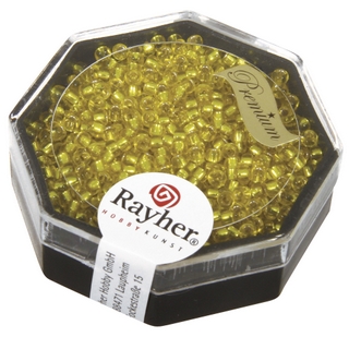 Premium-rocailles, 2,2 mm ø garniture d'argent jaune d`or, boîte 8 g