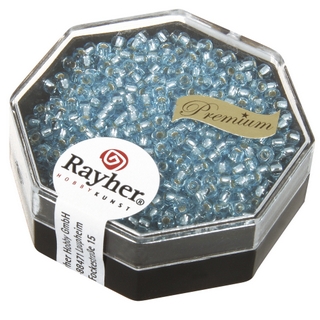 Premium-rocailles, 2,2 mm ø garniture d'argent aigue-marine, boîte 12 g